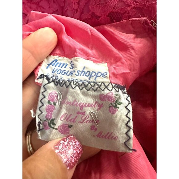 Vintage 50s Anns Vogue Shoppe Dress Small Midi Full Skirt Pink Lace Bubble - Picture 7 of 16